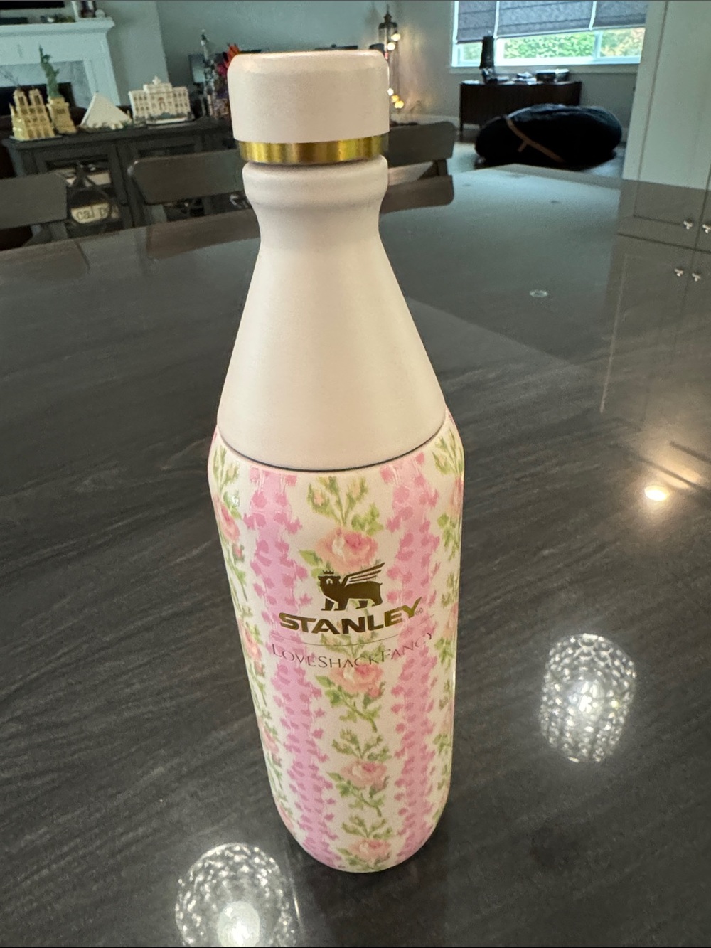 Stanley Love Shack Fancy Pink & White Floral Insulated Bottle with Gold Accents